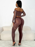Sexy Quilted One-shoulder Crop Top and Slim Pants Knitted Suit