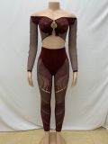 Sexy Quilted One-shoulder Crop Top and Slim Pants Knitted Suit