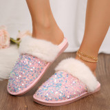 Fashionable Toe Sequined Flat Fur Slippers