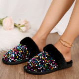 Fashionable Toe Sequined Flat Fur Slippers