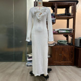 Solid Color Three-dimensional Flower V-neck Slit Dress