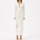 Solid Color Three-dimensional Flower V-neck Slit Dress