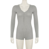 Solid Color Button Deep V-neck Sexy Sports Fitness Long-sleeved Jumpsuit