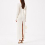 Solid Color Three-dimensional Flower V-neck Slit Dress