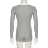 Solid Color Button Deep V-neck Sexy Sports Fitness Long-sleeved Jumpsuit