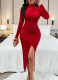 Solid Color Turtleneck Gathered Slit Dress