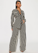 Casual Home and Outing Striped Button-down Shirt and Trousers Suit