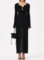 Solid Color Three-dimensional Flower V-neck Slit Dress