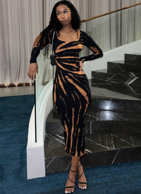 Sexy U-neck Mid-waist Long-sleeved Printed Dress