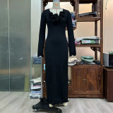 Solid Color Three-dimensional Flower V-neck Slit Dress