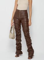 Fashionable Gathered Bootcut Tight PU Leather Trousers