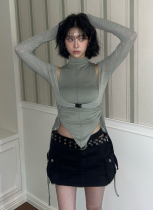 High-neck Drawstring Slim-fit Buttoned Long-sleeve Knitted Top Set