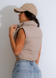 Fashion Solid Color Stand Collar Sleeveless Zipper Cotton Vest For Women