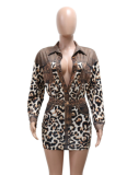 Long Sleeve Button Lapel Top Leopard Print Skirt Two-Piece Set