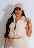 Fashion Solid Color Stand Collar Sleeveless Zipper Cotton Vest For Women