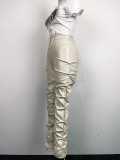 Fashionable Gathered Bootcut Tight PU Leather Trousers