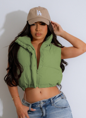 Fashion Solid Color Stand Collar Sleeveless Zipper Cotton Vest For Women