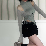 High-neck Drawstring Slim-fit Buttoned Long-sleeve Knitted Top Set