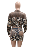 Long Sleeve Button Lapel Top Leopard Print Skirt Two-Piece Set