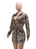 Long Sleeve Button Lapel Top Leopard Print Skirt Two-Piece Set