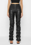 Fashionable Gathered Bootcut Tight PU Leather Trousers