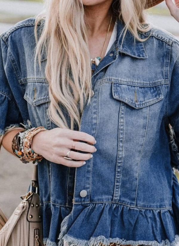 Raw-Edge Fashionable Single-Breasted Multi-Button Short-Sleeved Denim Jacket