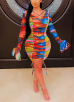 Bowknot Double-sided Positioning Bell Sleeve Tie-Dye Pleated Dress