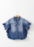 Raw-Edge Fashionable Single-Breasted Multi-Button Short-Sleeved Denim Jacket