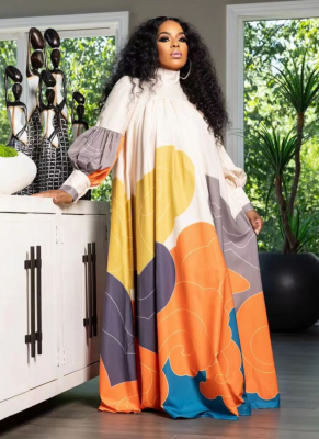 New Women's Long Dress Printed Long Sleeve Flared Skirt