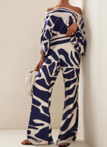 Fashionable Satin Printed Bateau Collar Top and Trousers Two-piece Set