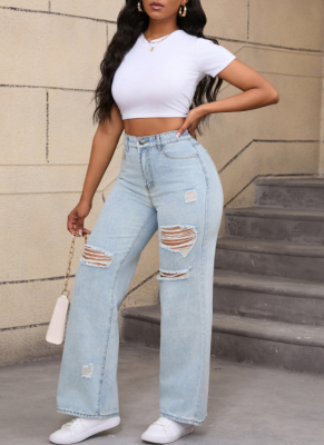 Temperament High Elasticity Ripped Wide-Leg Jeans