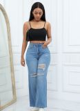 Temperament High Elasticity Ripped Wide-Leg Jeans