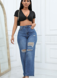 Temperament High Elasticity Ripped Wide-Leg Jeans