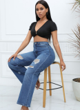 Temperament High Elasticity Ripped Wide-Leg Jeans
