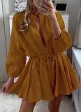 Sensual Solid Color Strappy Buttoned Pleated Dress