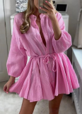 Sensual Solid Color Strappy Buttoned Pleated Dress