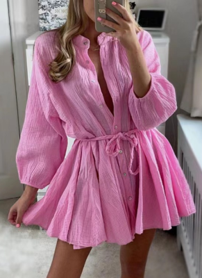Sensual Solid Color Strappy Buttoned Pleated Dress