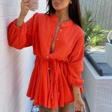 Sensual Solid Color Strappy Buttoned Pleated Dress