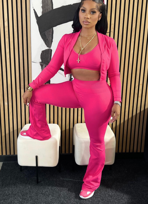 Pure Color Short Top High Waist Slim Bell Bottom Sports Casual Three-piece Set