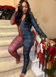 Fashionable V-neck Plaid Long-sleeved Slim Fit Jumpsuit