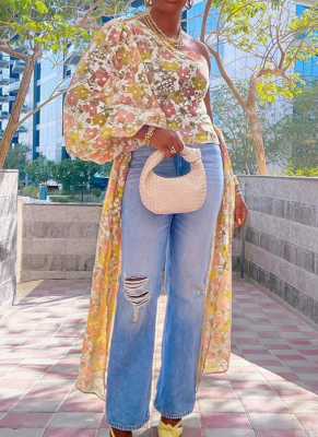 Sexy Digital Print Single Sleeve Bell Sleeve Top