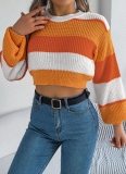 Autumn And Winter Casual Color Matching Lantern Sleeve Pullover Navel-Baring Sweater