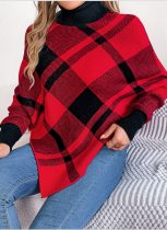 Casual Contrast Color Plaid High Collar Long Sleeve Christmas Cape Sweater