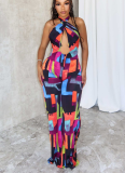 Sexy Printed Cross-Neck Backless Stretch Slim Fit Bodysuit