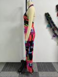 Sexy Printed Cross-Neck Backless Stretch Slim Fit Bodysuit