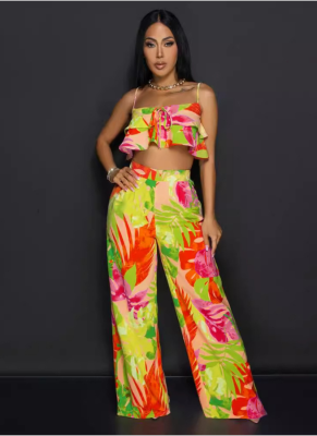 Printed Fungus-edged Wide-leg Two-piece Set