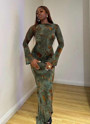 Round-neck Long Sleeve Bowknot Printed Backless Maxi Slim Fit Dress