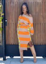 New Long Sleeve Striped Sweater Slit Skirt Suit