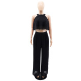 Sleeveless Navel-baring High-waisted Loose Trousers Two-piece Set