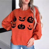 Orange Halloween Pumpkin Face Pattern Off-Shoulder Sweater